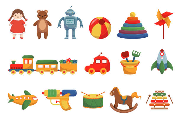 Set Of Baby Toys, Ball, Pyramid, Wind Mill, Car, Sand Bucket With Scoop And Rake. Rocket, Doll, Teddy Bear, Robot, Train Set Of Baby Toys, Ball, Pyramid, Wind Mill, Car, Sand Bucket With Scoop And Rake. Rocket, Doll, Teddy Bear, Robot and Train, Airplane, Gun and Drum with Rocking Wooden Horse. Cartoon Vector Icons doll stock illustrations