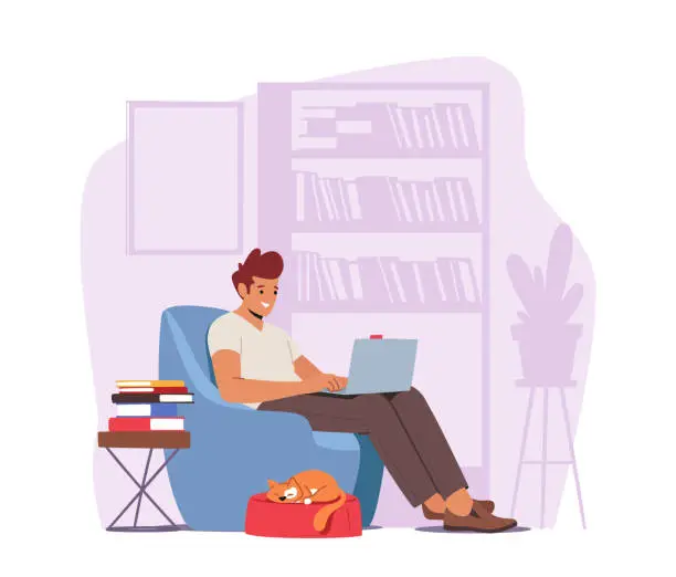 Vector illustration of Freelance Home Office, Working Place Concept. Man Freelancer Character Sitting In Comfortable Armchair Working On Laptop
