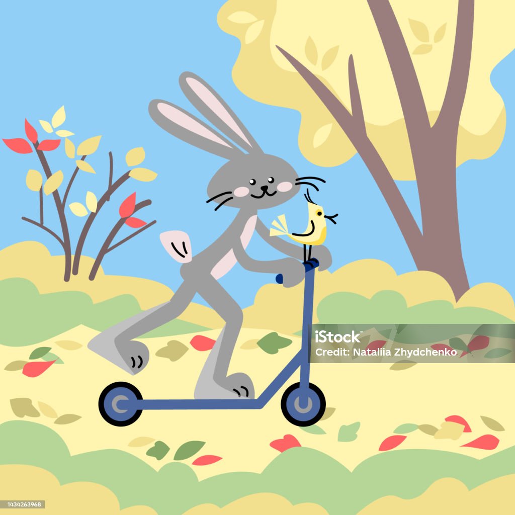 Funny Man Riding A Rabbit Rabbit Rides A Scooter Stock Illustration - Download Image Now - Animal ...