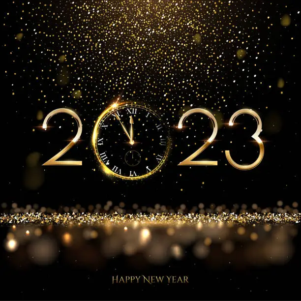 Vector illustration of 2023 Happy New Year clock countdown background. Gold glitter shining in light with sparkles abstract celebration. Greeting festive card vector illustration. Merry holiday poster or wallpaper design