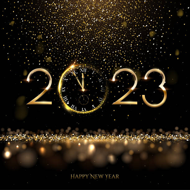 2023 happy new year clock countdown background. gold glitter shining in light with sparkles abstract celebration. greeting festive card vector illustration. merry holiday poster or wallpaper design - 新年前夜 幅插畫檔、美工圖案、卡通及圖標