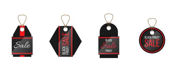 Vector illustration of Black Friday holiday sales tags and labels, template shopping badges. Offer, discount and low price