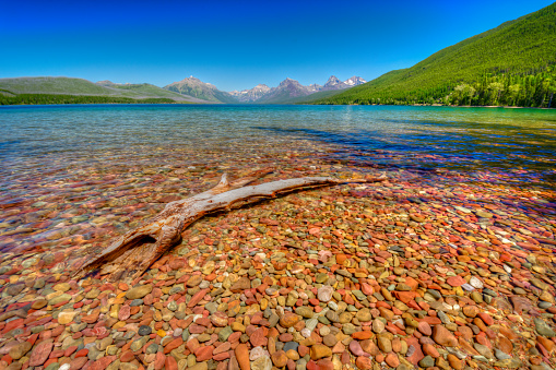 Crystal clear waters and colorful rocks of Lake McDonald.