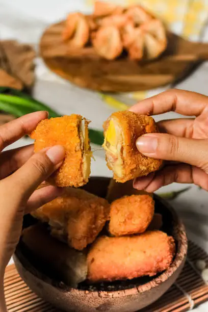 Risoles, or simply risols, are pastries filled with meat, usually minced meat, and vegetables wrapped in an omelette, and fried after being coated in breadcrumbs and beaten egg. This dish can also be baked in the oven, and served as a hors-d'oeuvre or light entrée
