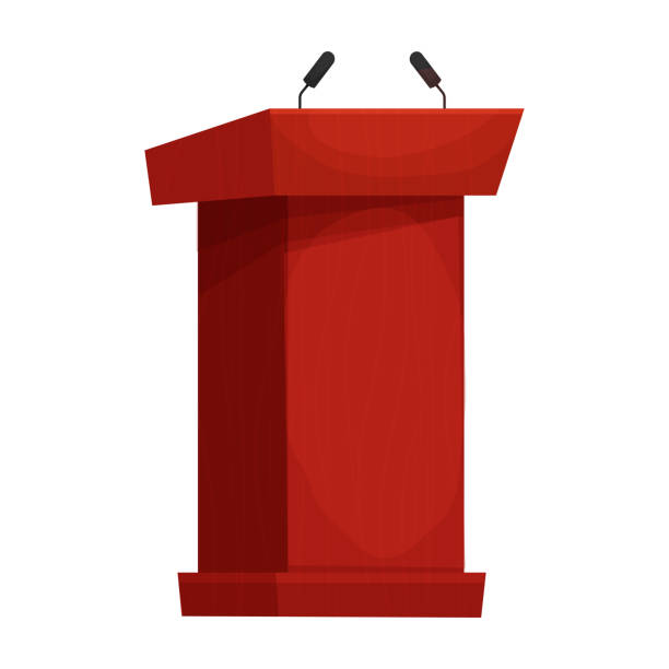 istock Wooden speech tribune, orator podium with microphone in cartoon style isolated on white background. Vector illustration 1434269168