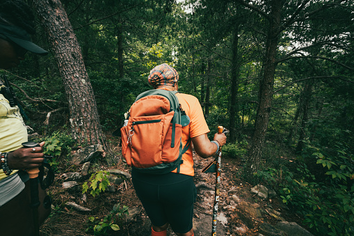 mature women are out hiking through forest
