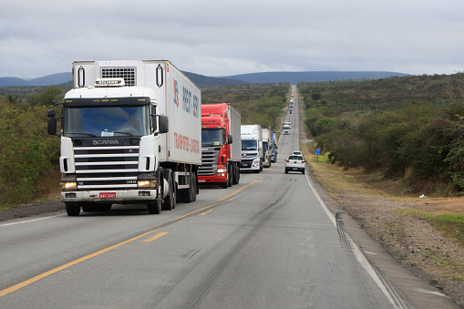 jaguaquara, bahia, brazil - october 14, 2022: truck traveling along federal highway BR 116 in the city of Jaguaquara.