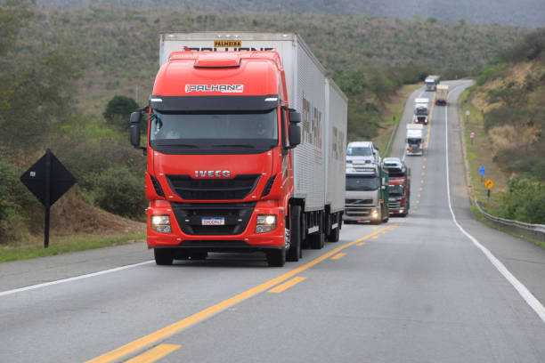 jaguaquara, bahia, brazil - october 14, 2022: truck traveling along federal highway BR 116 in the city of Jaguaquara.
