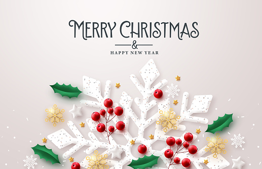 Merry christmas text vector design. Christmas snowflakes elements for holiday winter greeting card decoration background. Vector Illustration.