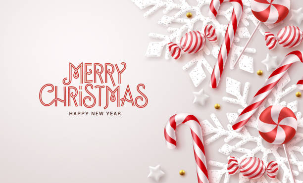 Merry christmas text vector background design. Christmas snowflakes and candy cane xmas elements decoration Merry christmas text vector background design. Christmas snowflakes and candy cane xmas elements decoration in white elegant background. Vector Illustration. christmas backgrounds stock illustrations