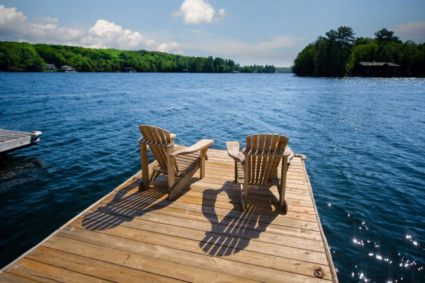 istock Two Adirondack chairs on a wooden dock 1434277748