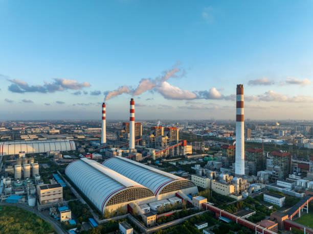 Aerial view of thermal power generation at sunset