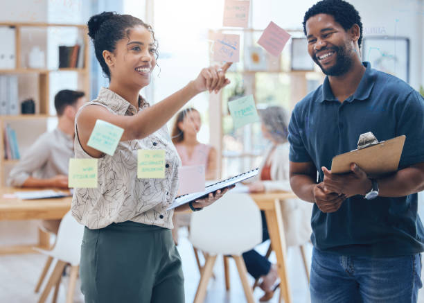 istock Teamwork solution, planning strategy ideas and employee collaboration in information meeting, vision and glass wall in creative agency. Business people, designers and working marketing schedule notes 1434286499