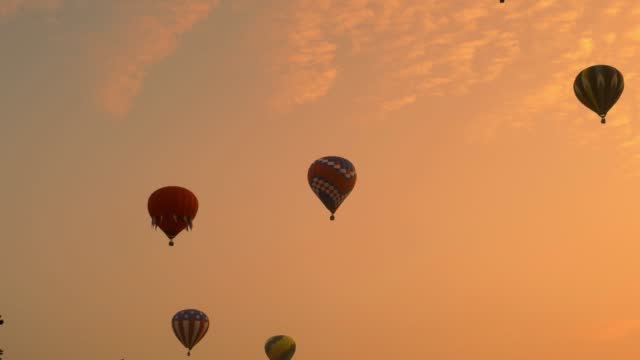 Multiple Hot Air Balloons Floating By at Different Highs on a Golden Early Morning Launch