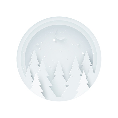 Winter landscape in circle frame with christmas tree,stars and moon.Merry Christmas and Happy new year concept.Paper art vector illustration.