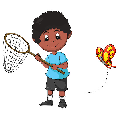 boy is catching a butterfly cartoon vector illustration