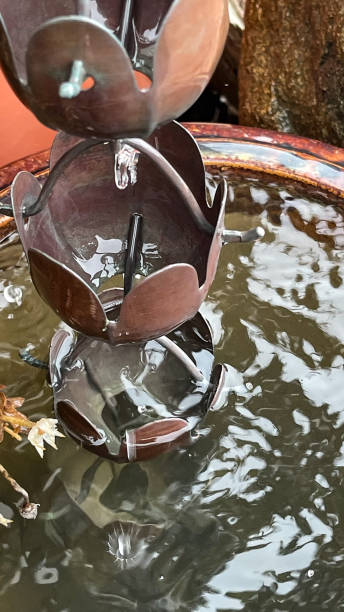 istock Raindrops and rainwater in a pot from a rain chain 1434301207