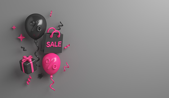 Black Friday sale decoration background with balloon, gift box, shopping bag copy space text, 3D rendering illustration