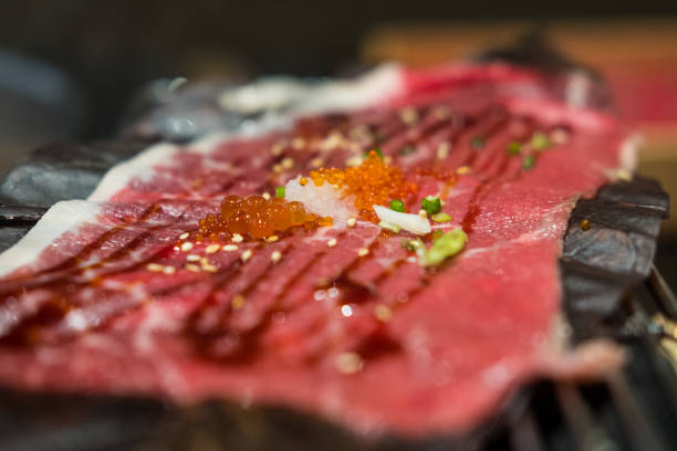 Roasted beef on Oba leaves, wagyu beef of Japan