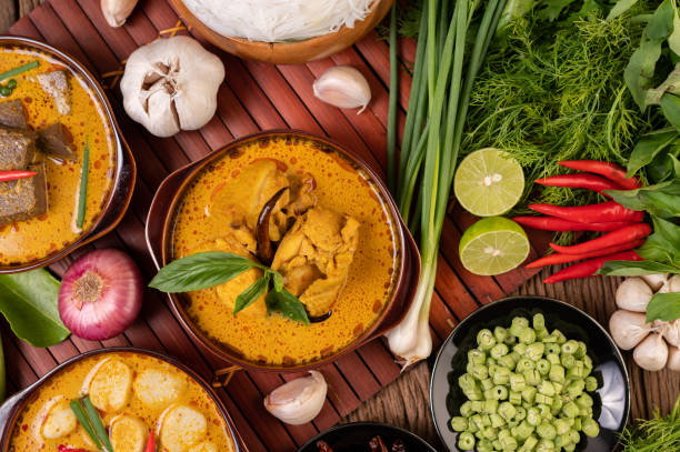istock Chicken red curry in a bowl with dried chilies, basil, cucumber and long beans. 1434304406