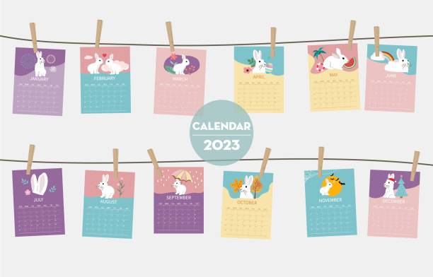 ilustrações de stock, clip art, desenhos animados e ícones de cute seasonal holiday calendar 2023 with rabbit special festival - november calendar pink event