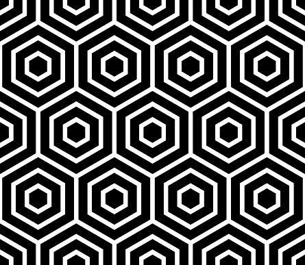 BLACK AND WHITE ABSTRACT SEAMLESS PATTERN WITH HEXAGONS IN VECTOR
