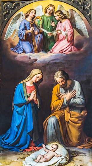 Colorful Nativity Painting Mary Joseph Angels Jesus Christ Peter's Church Basilica Altar Lucerne Switzerland  Oldest Church in Lucerne built in 1700s originally built 1200s