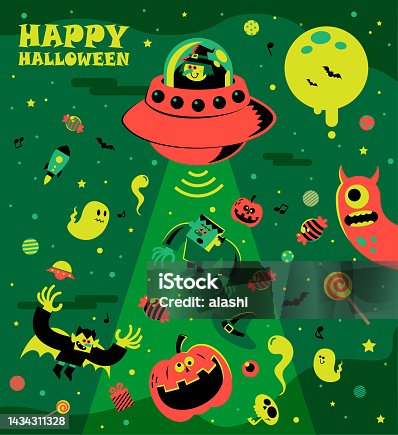 istock It’s Halloween Time, and Spooky Witch is in a UFO collecting Friends, Gifts, and Candy 1434311328