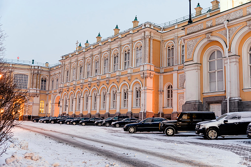 Black government cars near Grand Kremlin Palace. Moscow Russia. Armored limousines