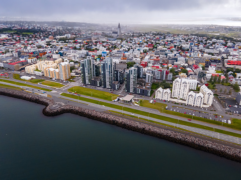 Beautiful aerial view of the Iceland Cathedral of Hallgrimskirkja and Beautiful city of Reykjavik