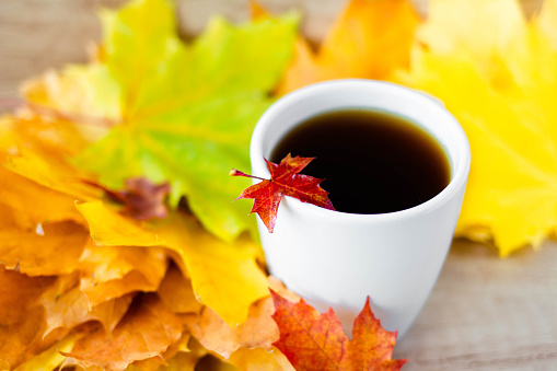 White cup of tea and autumn maple leaves on wooden background. The concept of calm, relaxation and autumn. Autumn background.