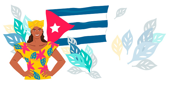 Cuba travel poster or flyer design with cuban woman at national flag backdrop. Cuba trip advertising banner or flyer for tourist agency background, flat vector illustration.