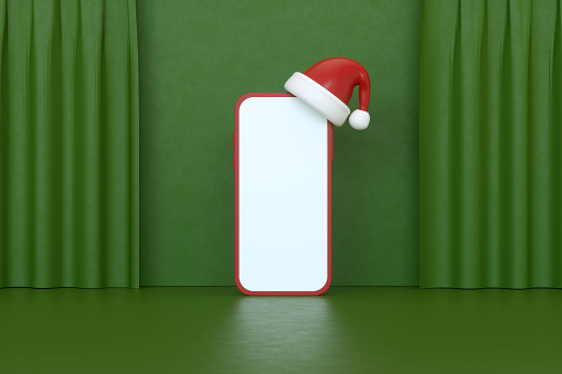 Blank screen mobile phone with Santa hat new year Christmas green color background, 3d render.