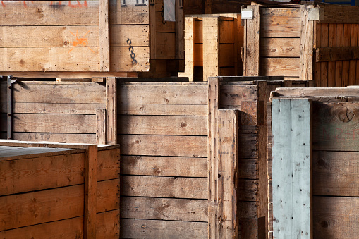 Wooden crates in a storage warehouse. 