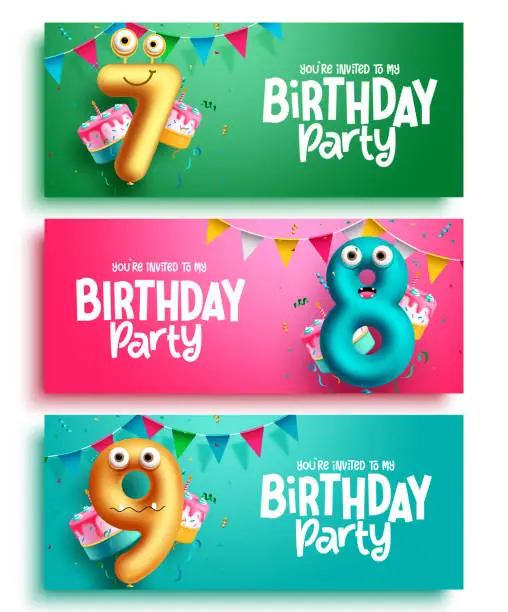 Vector illustration of Birthday party text vector set design. Balloons number character collection with pennant and party elements