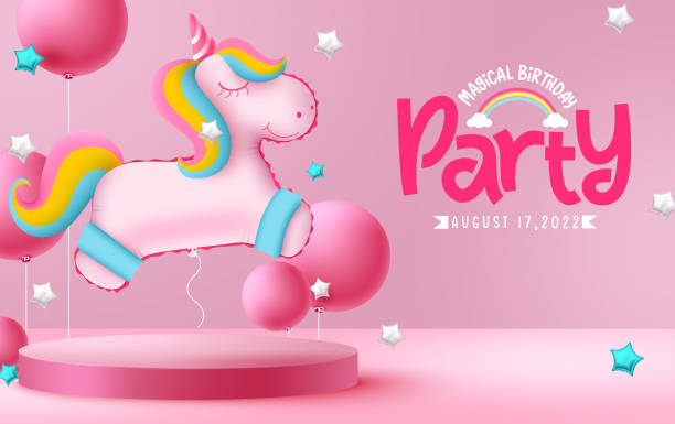 istock Birthday magical party vector background design. Birthday party text with unicorn balloon in podium stage 1434327381