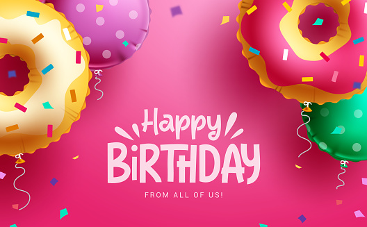 Happy birthday text vector background design. Birthday doughnut balloons floating element decoration for greeting card invitation. Vector Illustration.