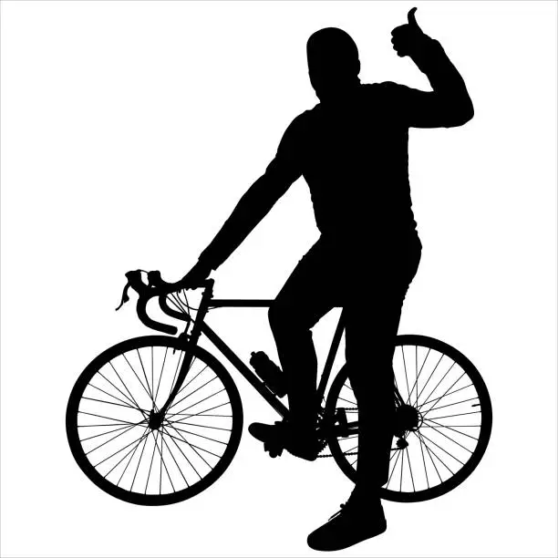 Vector illustration of The guy with the bike. The man stands near the bike, one foot is on the pedal, the other foot is on the ground, shows a hand gesture 
