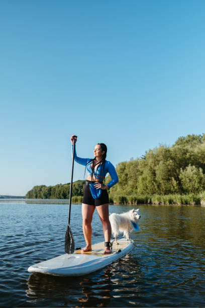 istock Young Woman with Dreadlocks Standing on the Sup Board While Paddleboarding with Her Dog Japanese Spitz 1434329576