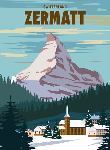 Zermatt Ski resort poster, retro. Alpes Winter travel card, view on the mountain village vintage. Vector illustration