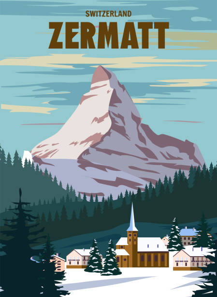 Zermatt Ski resort poster, retro. Alpes Winter travel card Zermatt Ski resort poster, retro. Alpes Winter travel card, view on the mountain village vintage. Vector illustration graubunden canton stock illustrations