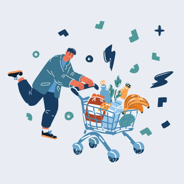 istock Vector illustration of Happy young man running with a full shopping cart 1434331804