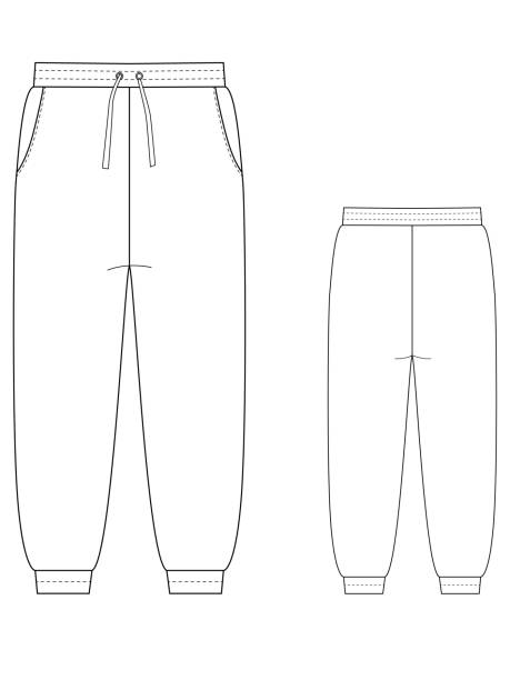 Illustration of sports jogging pants Illustration of sweatpants, front and back view. Technical drawing for fashion design jogging pants stock illustrations