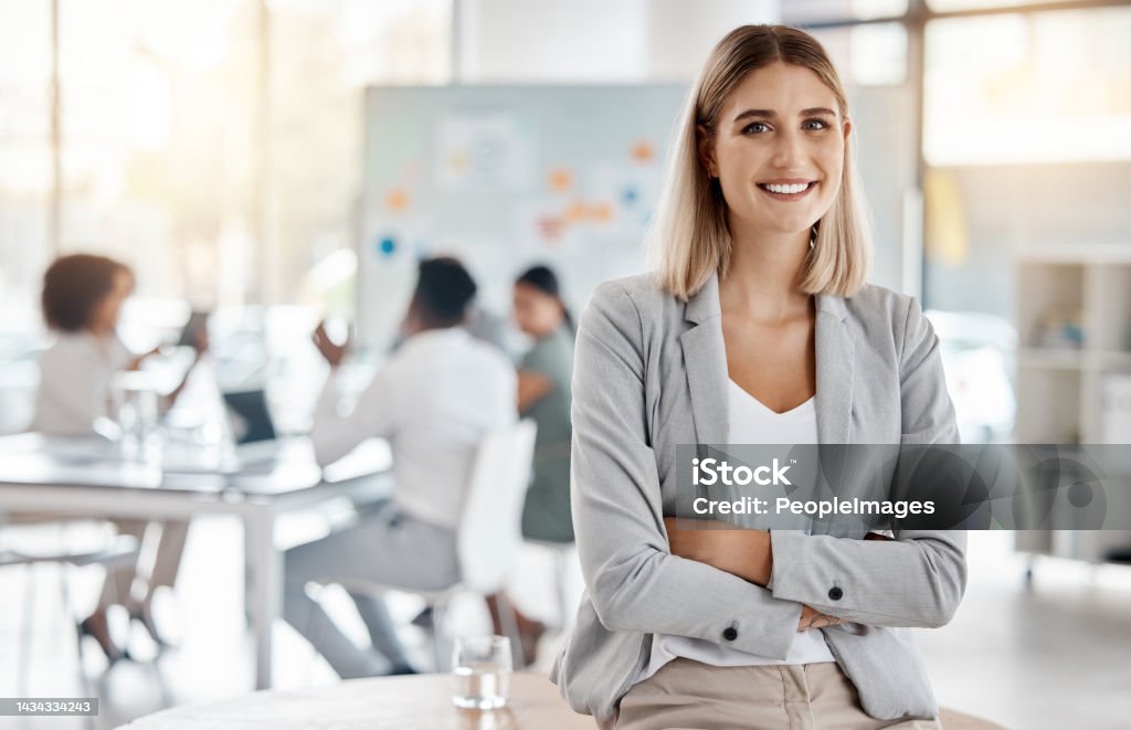 Portrait of girl leader or manager at a team planning, collaboration and strategy business meeting. Woman empowerment, leadership and management at a marketing office of a startup corporate company Office Stock Photo