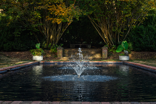 Umbrella Fountain on the green surface of the pond in the old shady garden. Freshness of water jets creates a mood of relaxation and happiness.