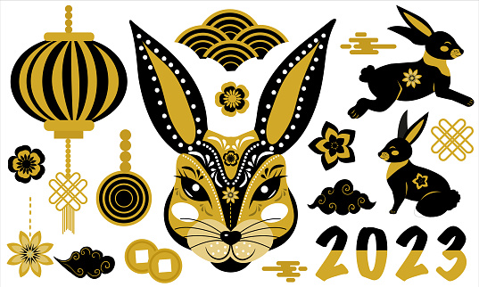 istock Happy Chinese New Year, year of the black rabbit 2023. Cartoon Rabbits set bunny character and decorations Chinese symbols collection. 1434335419