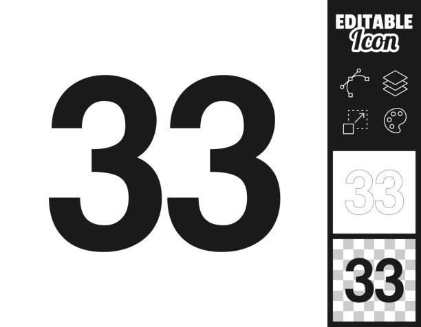 33 - Number Thirty-three. Icon for design. Easily editable Icon of "33 - Number Thirty-three" for your own design. Three icons with editable stroke included in the bundle: - One black icon on a white background. - One line icon with only a thin black outline in a line art style (you can adjust the stroke weight as you want). - One icon on a blank transparent background (for change background or texture). The layers are named to facilitate your customization. Vector Illustration (EPS file, well layered and grouped). Easy to edit, manipulate, resize or colorize. Vector and Jpeg file of different sizes. number 33 stock illustrations