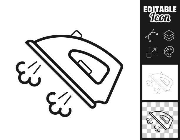Steam iron. Icon for design. Easily editable Icon of "Steam iron" for your own design. Three icons with editable stroke included in the bundle: - One black icon on a white background. - One line icon with only a thin black outline in a line art style (you can adjust the stroke weight as you want). - One icon on a blank transparent background (for change background or texture). The layers are named to facilitate your customization. Vector Illustration (EPS file, well layered and grouped). Easy to edit, manipulate, resize or colorize. Vector and Jpeg file of different sizes. iron steam stock illustrations