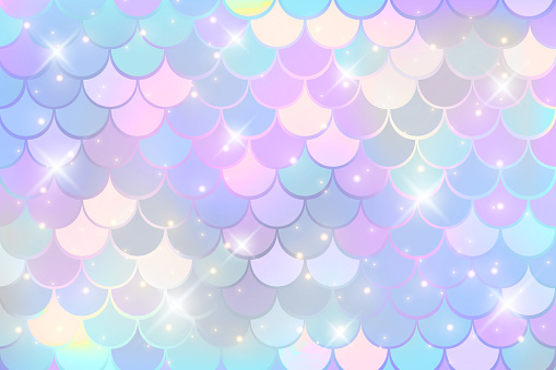 Mermaid holographic background with scale and stars. Iridescent glitter fish tail pattern. Kawaii vector texture
