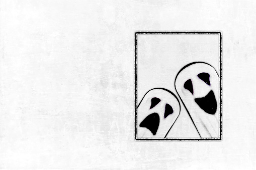 Black and white Halloween backgrounds with two horrifying ghost outlines and staring deadly eyes, one with happy and the other with sad expressions. Apt for use as spooky backdrops, wallpapers, posters, banners, cards design and templates. There is deliberate copy space at the left and no text.